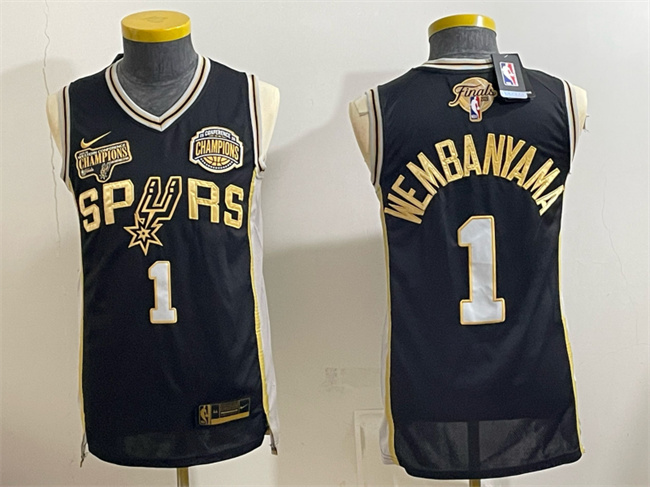 Men's San Antonio Spurs #1 Victor Wembanyama Black Gold 2026 Finals & Western Conference Champions Patch Stitched Basketball Jersey